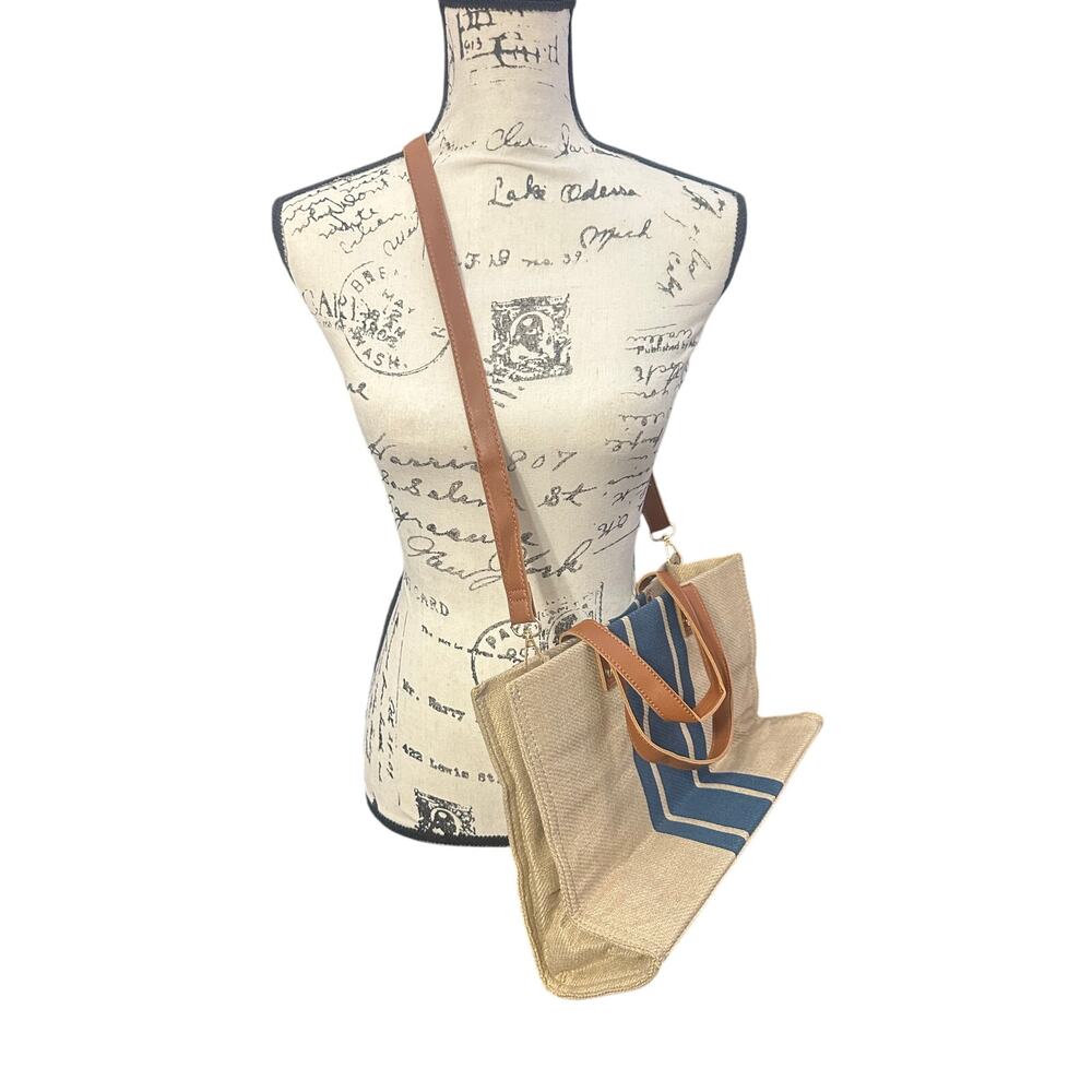 Neutral Woven Tote with Navy Stripe & Faux Leather Handles
